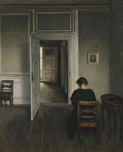 Vilhelm Hammershøi, Interiør med siddende kvinde, 1908, olio su tela.