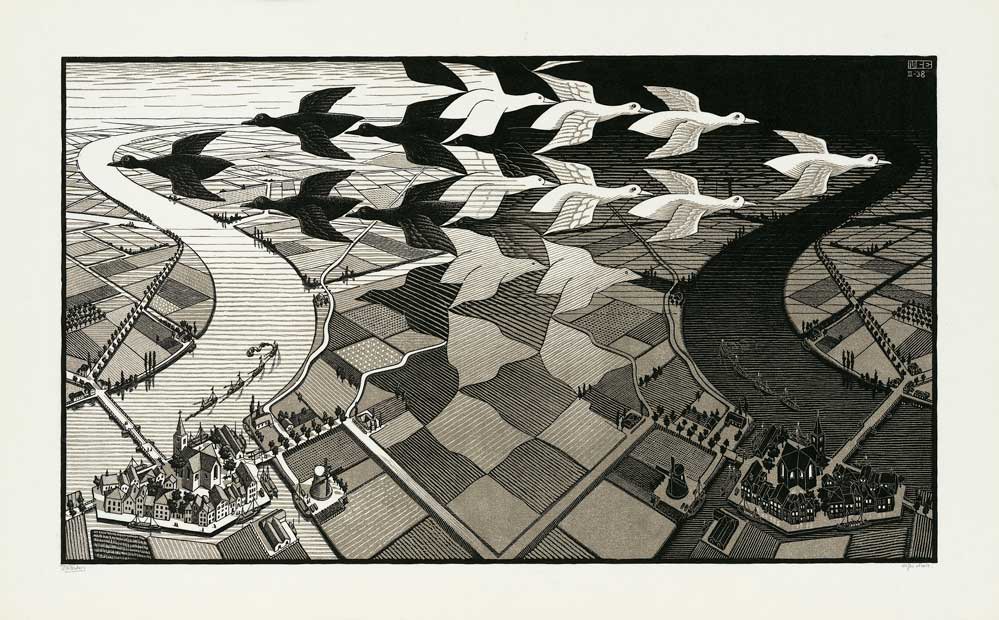 Maurits Cornelis Escher Giorno e notte 1938, xilografia, 391x677 mm. Collezione M.C. Escher Foundation, Paesi Bassi All M.C. Escher works © 2024 The M.C. Escher Company. All rights reserved mcescher.com